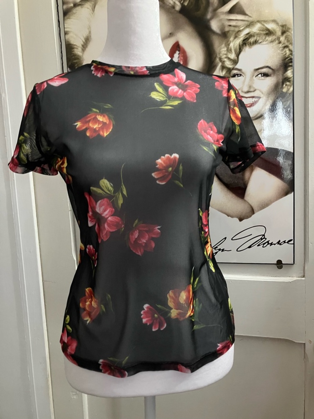 SWS- Sheer Black Floral Mesh Tee with Red Bloom Print small